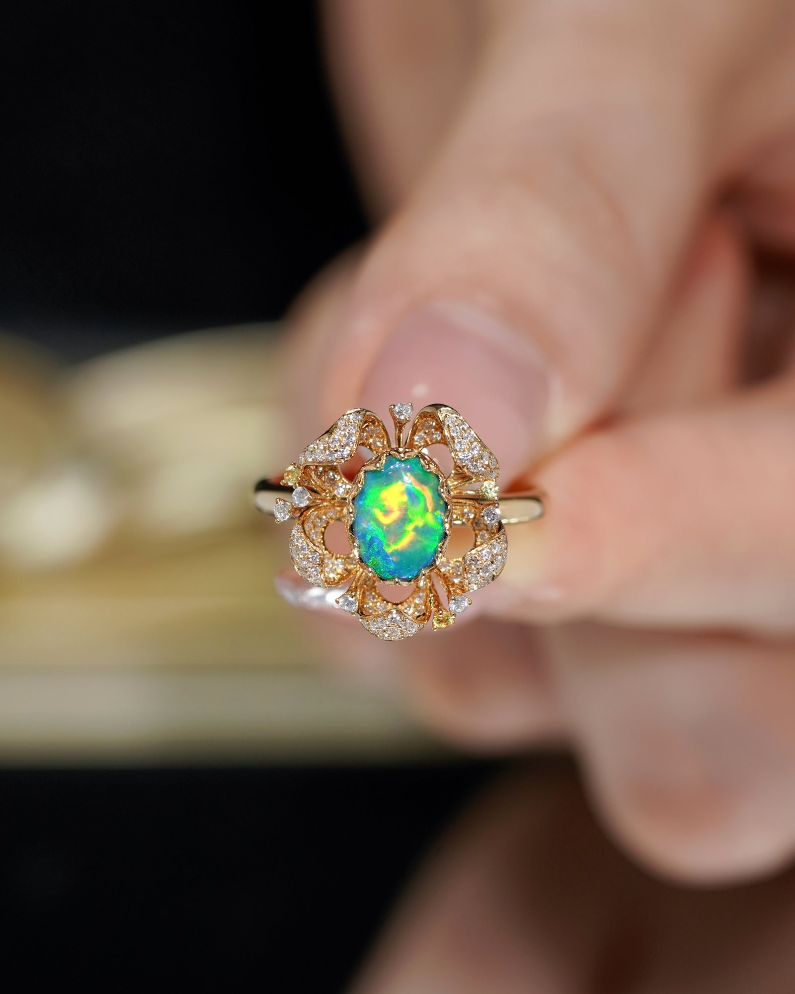 Night Bloom Ring, black opal and 18K gold