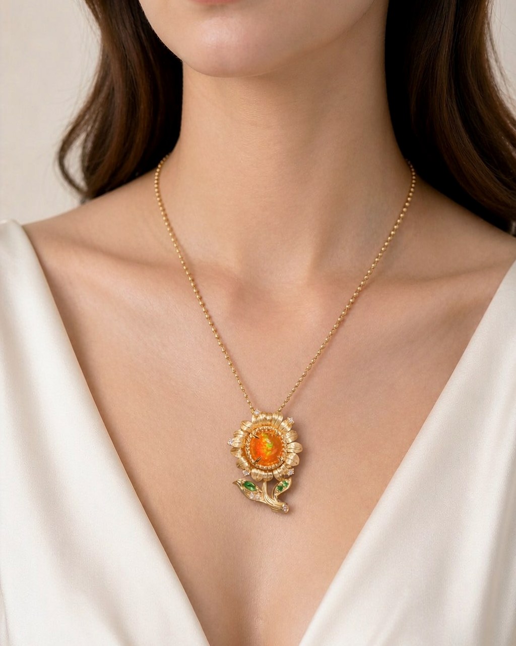 Sunflower Pendant, natural opal and 18K gold